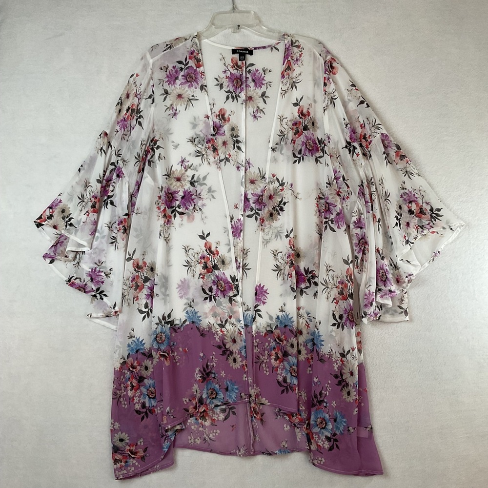 Torrid Floral Chiffon Kimono Tiered Bell Sleeve Open Front Purple White Size 3/4
